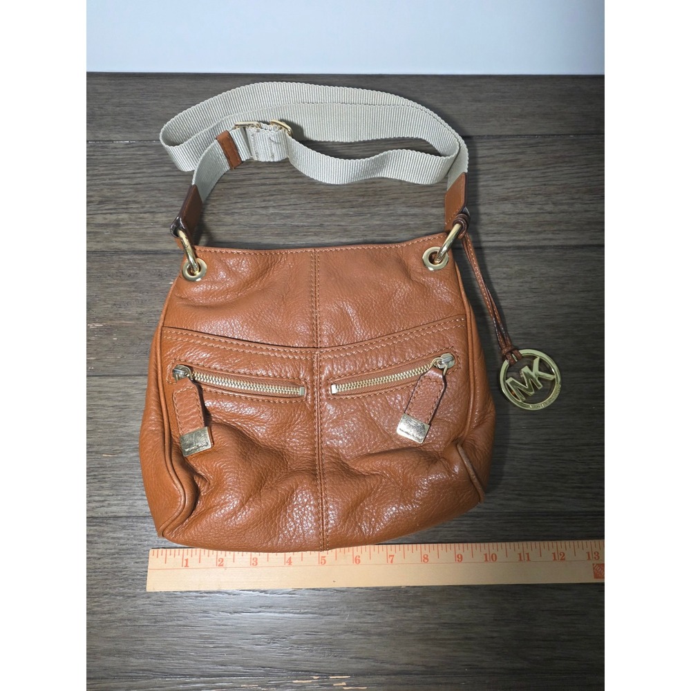 Michael Kors Brown Pebbled Leather Crossbody Bag Gold Hardware Web Strap